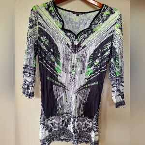 Alberto Makali Womens Black/Green/White 3/4 Sleeve Crinkle Tunic Top. Size S
